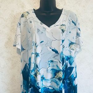 Nygard Tunic Pull Over Top Vee Neck Floral Print Blue Size Large Polyester